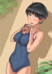 Rule 34 | 1girl, :p, arms up, ayumu (zenkou), black eyes, blush, breasts, breasts squeezed together, brown eyes, cameltoe, covered erect nipples, covered navel, dated, dutch angle, looking at viewer, one-piece swimsuit, original, shadow, shiny clothes, shiny skin, short hair, skin tight, skindentation, solo, standing, swimsuit, tongue, tongue out, yellow background, zenkou