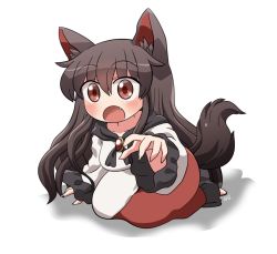 Rule 34 | 1girl, animal ears, blush, brown hair, collarbone, dress, fang, hair between eyes, imaizumi kagerou, long hair, long sleeves, open mouth, red eyes, rokugou daisuke, signature, simple background, solo, tail, touhou, white background, white dress, wolf ears, wolf tail
