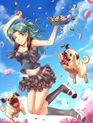 Rule 34 | 1girl, breasts, cherry blossoms, chopsticks, cleavage, dog, food, green eyes, green hair, high heels, highres, midriff, navel, one eye closed, ponytail, pug, skirt, smile, solo focus, songwut ouppakarndee, sushi, vest