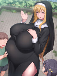 Rule 34 | big belly, blonde hair, breasts, child, highres, huge breasts, jewelry, necklace, nun, open mouth, outdoors, ponchi (menchi0925), pregnant, standing