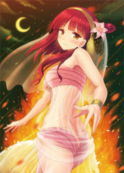 Rule 34 | 1girl, bare shoulders, blush, breasts, butt crack, crescent moon, fire, flower, hair flower, hair ornament, kitiroku, long hair, looking at viewer, magi the labyrinth of magic, moon, morgiana, red eyes, red hair, see-through, smile, solo