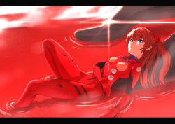 Rule 34 | 1girl, bad id, bad pixiv id, blue eyes, bodysuit, bracer, breasts, expressionless, from side, full body, gloves, hair between eyes, headgear, isshi pyuma, knee up, lcl, letterboxed, long hair, long legs, lying, neon genesis evangelion, on back, partially submerged, plugsuit, red hair, small breasts, solo, souryuu asuka langley, turtleneck, two side up
