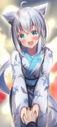 Rule 34 | 1girl, ahoge, animal ears, blurry, blurry background, blush, braid, commentary request, earrings, floral print, fox ears, fox girl, green eyes, hair between eyes, highres, holding hands, hololive, japanese clothes, jewelry, kimono, long hair, looking at viewer, open mouth, pov, pov hands, rappi, shirakami fubuki, sidelocks, single braid, very long hair, virtual youtuber, white hair, white kimono, yukata