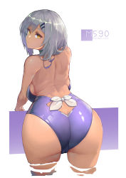 Rule 34 | 1girl, arched back, artist name, ass, bare back, bare shoulders, bent over, breasts, cameltoe, casual one-piece swimsuit, character name, curvy, dark-skinned female, dark skin, from behind, girls&#039; frontline, hair ornament, hairclip, highres, hip focus, huge ass, large breasts, looking at viewer, looking back, m590 (girls&#039; frontline), one-piece swimsuit, pandea work, parted lips, purple one-piece swimsuit, revision, shiny skin, short hair, shoulder blades, sideboob, silver hair, solo, swimsuit, thick thighs, thighs, trefoil, wading, white background, wide hips, yellow eyes