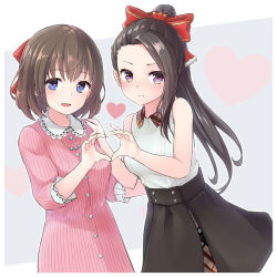 Rule 34 | 2girls, :d, alternative girls, asahina nono, bad id, bad pixiv id, black hair, black skirt, blue eyes, bow, brown hair, buttons, closed mouth, cowboy shot, dress, forehead, grey background, hair bow, hand on another&#039;s shoulder, heart, heart background, heart hands, heart hands duo, highres, jewelry, light frown, long hair, looking at viewer, momotomimi, multiple girls, necklace, open mouth, pink dress, ponytail, purple eyes, red bow, ribbon-trimmed sleeves, ribbon trim, saionji rei, shirt, short hair, skirt, sleeveless, sleeveless shirt, smile, standing, striped clothes, striped dress, tareme, vertical-striped clothes, vertical-striped dress, white shirt