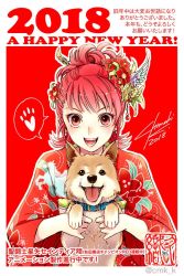 Rule 34 | 1girl, 2018, :d, alternate hairstyle, animal, border, chinese zodiac, collar, commentary request, dog, animal collar, equuleus shoko, floral print, flower, hair flower, hair ornament, happy new year, holding, holding animal, holding dog, japanese clothes, kimono, kuori chimaki, looking at viewer, new year, open mouth, paw print, print kimono, red background, red eyes, red hair, saint seiya, saint seiya saintia sho, signature, smile, solo, spoken paw, teeth, translation request, twitter username, upper body, white border, wing hair ornament, year of the dog