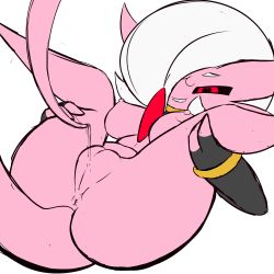 Rule 34 | 1girl, absurdres, anus, black gloves, black sclera, breasts, cleft of venus, colored sclera, colored skin, creatures (company), dragon ball, dragonball z, fangs, fat mons, female focus, fingerless gloves, fir3born, fusion, game freak, gardevoir, gen 3 pokemon, gloves, grey hair, grin, hair over one eye, happy, highres, large breasts, legs up, lying, majin buu, nintendo, nipples, nude, on back, pink skin, pokemon, pokemon (creature), pussy, red eyes, short hair, sketch, smile, solo, spread legs, tail, teeth, transparent background, uncensored