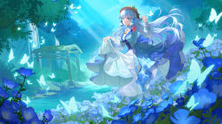 1girl absurdres alternate_hairstyle ayaka_(genshin_impact) back_bow blue_bow blue_butterfly blue_dress blue_eyes blue_hair blunt_bangs blunt_tresses bow braid bug butterfly butterfly_hair_ornament buttons dress field flower flower_field forest genshin_impact gold_trim grass hair_down hair_flower hair_ornament hand_up hat hat_flower leaf_hat_ornament highres insect kamisato_ayaka kamisato_ayaka_(springbloom_missive) long_hair long_sleeves looking_at_viewer mole mole_under_eye moonlight nature night open_mouth outdoors pantyhose peach_(user_vhwx3478) puffy_long_sleeves puffy_sleeves skirt_hold smile solo standing tassel teeth tree upper_teeth_only water waterfall white_dress white_flower white_pantyhose wide_shot yellow_flower