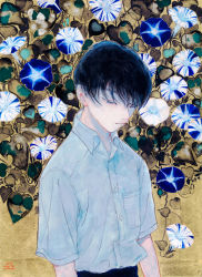 Rule 34 | 1boy, black hair, blue eyes, collared shirt, flower, frown, limited palette, looking down, makita haruka, male focus, morning glory, original, shirt, short hair, solo, traditional media