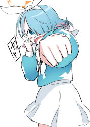 Rule 34 | 1girl, absurdres, arona (blue archive), blue archive, blue eyes, blue hair, blue shirt, blush stickers, bow hairband, clenched hands, colored inner hair, cowboy shot, hair over one eye, hairband, halo, highres, incoming attack, incoming punch, long sleeves, looking at viewer, medium hair, multicolored hair, open mouth, outstretched arm, punching, sailor collar, shirt, skirt, solo, speech bubble, tamura-chan, teeth, upper teeth only, white background, white skirt
