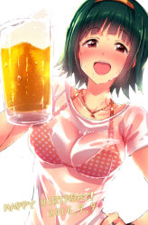 Rule 34 | 1girl, :d, alcohol, beer, beer mug, bikini, bikini under clothes, blush, breasts, cleavage, cup, green hair, hairband, happy birthday, idolmaster, idolmaster (classic), ima (lm ew), jewelry, jug (bottle), looking at viewer, mole, mole under mouth, mug, necklace, open mouth, otonashi kotori, polka dot, polka dot bikini, red eyes, see-through, short hair, smile, solo, sweat, swimsuit, swimsuit under clothes, upper body, wet, wet clothes