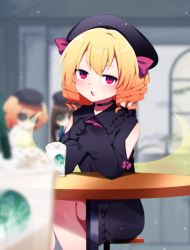 Rule 34 | 3girls, alternate costume, bare shoulders, blonde hair, blurry, blurry background, blurry foreground, bokeh, bow, choker, cup, depth of field, drinking straw, hat, highres, luna child, multiple girls, open mouth, sitting, solo focus, star sapphire, sunny milk, table, touhou, you (noanoamoemoe)