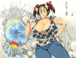 Rule 34 | 1girl, breasts, brown hair, cleavage, cow girl, cow horns, creature, denim, gloves, hair ornament, hataraki ari, horns, huge breasts, jeans, original, pants, punching, shirt, short hair, short twintails, standing, sukimi, torn clothes, twintails, yellow eyes