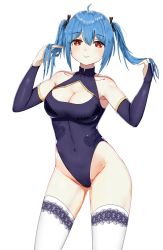 Rule 34 | 1girl, ahoge, armpits, arms up, bare shoulders, black ribbon, blue hair, blue leotard, blush, breasts, bridal gauntlets, cameltoe, cleavage, cleavage cutout, closed mouth, clothing cutout, contrapposto, covered navel, cowboy shot, gluteal fold, groin, hair between eyes, hair ribbon, hands in hair, heart, heart print, highleg, highleg leotard, highres, large breasts, leotard, long hair, looking at viewer, pixiv14569549, print leotard, prinz eugen (warship girls r), red eyes, ribbon, simple background, smile, solo, thighhighs, twintails, warship girls r, white background, white thighhighs