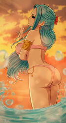 Rule 34 | 1girl, armlet, armpit crease, artist name, ass, back, bikini, blue hair, blue nails, breasts, brown eyes, cloud, commentary, dawn, earrings, english commentary, from behind, highres, hiyozuki, jewelry, large breasts, light smile, long hair, nefertari vivi, one piece, orange sky, partially submerged, patreon username, pink bikini, sky, solo, swimsuit, v, water