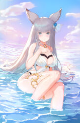 Rule 34 | 1girl, animal ears, bikini, blue eyes, blush, breasts, choker, cleavage, closed mouth, collarbone, feet out of frame, fishofthelakes, granblue fantasy, grey hair, hair ornament, halterneck, hand on own chest, highres, korwa, korwa (summer) (granblue fantasy), long hair, looking at viewer, partially submerged, shallow water, sitting, smile, solo, swimsuit, thighlet, thighs, very long hair, water, wet, white bikini, white choker