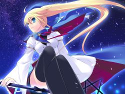 Rule 34 | 00s, 1girl, angry, blonde hair, blue eyes, flying, hat, long hair, nanatsuiro drops, night, pantyhose, ponytail, prima aspallas, sky, solo, staff, star (sky), star (symbol), starry sky, thighhighs, very long hair, wind