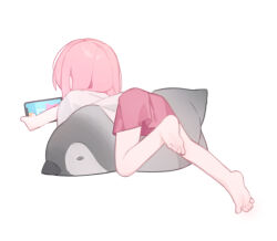 Rule 34 | 1girl, bare legs, barefoot, cellphone, commentary, doribae, feet, from behind, holding, holding phone, legs, medium hair, original, phone, pink hair, pink skirt, shirt, simple background, skirt, smartphone, soles, solo, stuffed animal, stuffed penguin, stuffed toy, symbol-only commentary, toes, white background, white shirt