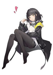 Rule 34 | 1girl, absurdres, arknights, arknights: endfield, black hair, black jacket, black pantyhose, blush, breasts, endministrator (arknights), female endministrator (arknights), full body, hair ornament, hand up, heart, highres, jacket, long sleeves, looking at viewer, no shoes, open clothes, open jacket, pantyhose, short hair, simple background, small breasts, solo, suye, sweater, thighs, white background, white sweater, yellow eyes