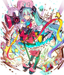 Rule 34 | &gt;:), 1girl, balloon, black footwear, black thighhighs, blue eyes, blue hair, blue skirt, blush, boots, bow, closed mouth, commentary request, detached sleeves, frilled skirt, frills, hair between eyes, haku (sabosoda), hatsune miku, holding, long hair, long sleeves, looking at viewer, magical mirai miku, magical mirai miku (2018), megaphone, red bow, shirt, skirt, sleeveless, sleeveless shirt, smile, solo, star (symbol), thigh boots, thighhighs, twintails, v-shaped eyebrows, very long hair, vocaloid, white shirt