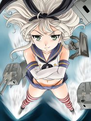 Rule 34 | 10s, 1girl, anchor hair ornament, black panties, blonde hair, collarbone, crossed arms, elbow gloves, female focus, full body, game cg, gloves, green eyes, hair ornament, highleg, highleg panties, highres, kantai collection, legs apart, lento (glamour works), long hair, looking at viewer, messy hair, midriff, miniskirt, navel, neckerchief, outdoors, panties, pleated skirt, rensouhou-chan, school uniform, shimakaze (kancolle), skirt, smile, smirk, solo, standing, striped clothes, striped thighhighs, thighhighs, thong, underwear, uniform, wind, wind lift