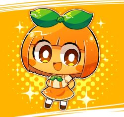 1girl :d arms_behind_back blunt_bangs blunt_ends blush_stickers bow bright_pupils brown_eyes brown_footwear chibi chibi_only collared_shirt colored_skin commentary_request full_body green_bow hair_bow highres legs_apart open_mouth orange_background orange_hair orange_shirt orange_skin orange_skirt original outline pepoyo shirt short_hair short_sleeves simple_background skirt smile socks solo sparkle standing suspender_skirt suspenders white_outline white_pupils white_socks