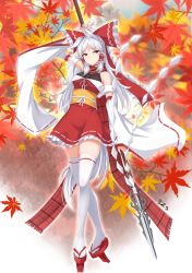 Rule 34 | 1girl, absurdres, alternate hair color, arm up, autumn leaves, bare shoulders, belt, blue sky, bow, breasts, closed mouth, cloud, cloudy sky, detached sleeves, dress, frills, full body, hair ornament, hair tubes, hakurei reimu, hand up, highres, leaf, long hair, long sleeves, looking to the side, medium breasts, plaid, plaid scarf, polearm, red bow, red dress, red eyes, red footwear, red scarf, ribbon-trimmed thighhighs, ribbon trim, scarf, shoes, silver hair, sky, solo, spear, standing, thighhighs, touhou, weapon, white background, white bow, white thighhighs, wide sleeves, wuwusan, yellow belt