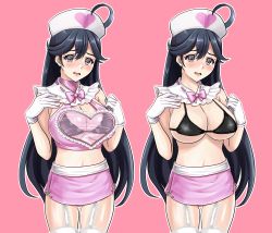 Rule 34 | 1girl, ahoge, alternate costume, artist name, black bra, black hair, blush, bra, breasts, brown eyes, cleavage, cowboy shot, dated, english text, gloves, hair between eyes, hat, heart, kantai collection, large breasts, long hair, multiple views, nurse cap, open mouth, pink background, pink skirt, see-through, signature, simple background, skirt, tk8d32, underwear, ushio (kancolle), white gloves