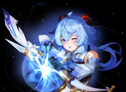 Rule 34 | 1girl, absurdres, ahoge, aiming, aiming at viewer, amos&#039; bow (genshin impact), bare shoulders, bell, black background, black gloves, blue hair, bow (weapon), detached sleeves, drawing bow, ganyu (genshin impact), genshin impact, gloves, highres, holding, holding bow (weapon), holding weapon, horns, long hair, looking at viewer, low ponytail, neck bell, open mouth, purple eyes, ritence, sidelocks, solo, upper body, weapon, white sleeves