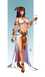 1girl absurdres ancient_egyptian_clothes armlet black_hair breasts claw_(weapon) closed_mouth cup distr drinking_glass ear_covers facial_mark finger_cots fingernails high_heels highres horns jewelry long_fingernails long_hair looking_at_viewer medium_breasts medium_hair navel pelvic_curtain pointy_ears red_eyes shoes skirt smile solo weapon white_skirt wine_glass