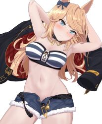 Rule 34 | 1girl, absurdres, animal ears, armpits, arms behind head, arms up, bandeau, bare shoulders, belt, black belt, black collar, black jacket, blonde hair, blue eyes, blush, bow, breasts, chain, cleavage, code4 (nuiyoi), collar, collarbone, commentary, cutoffs, denim, denim shorts, ear bow, ear ornament, gold chain, gold city (umamusume), groin, highres, holding, holding clothes, holding jacket, horse ears, horse girl, jacket, unworn jacket, long hair, looking at viewer, medium breasts, midriff, navel, open belt, open fly, revision, shorts, sidelocks, simple background, smile, solo, standing, strapless, striped bandeau, swept bangs, tube top, umamusume, white background