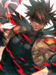 Rule 34 | 1boy, bandana, bare shoulders, biceps, black shirt, brown hair, covered abs, fire, glowing, glowing eyes, guilty gear, headgear, highres, looking at viewer, male focus, muscular, muscular male, open clothes, pectorals, ponytail, red eyes, serious, shirt, sidepec, simple background, sleeveless, sleeveless shirt, slit pupils, sol badguy, solo, spiked hair, tight clothes, tight shirt, yohane shimizu