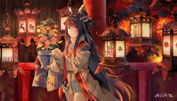 Rule 34 | 1girl, architecture, black hair, copyright name, east asian architecture, holding, iron saga, japanese clothes, lantern, mutsuki (iron saga), official art, plant, potted plant, red eyes, tree, wide sleeves
