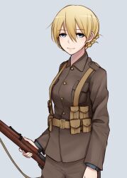 1girl absurdres black_shirt blonde_hair blue_eyes bolt_action braid breast_pocket brown_jacket brown_pants commentary cowboy_shot darjeeling_(girls_und_panzer) english_commentary girls_und_panzer gun gun_sling hair_between_eyes highres holding holding_gun holding_weapon jacket lee-enfield light_smile looking_at_viewer m1saki_1 military military_uniform pants pocket rifle shirt short_hair solo weapon white_background