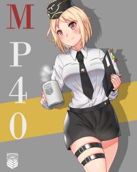 Rule 34 | 1girl, artist request, blonde hair, coffee, coffee mug, cup, english text, file, girls&#039; frontline, hat, highres, military hat, mp40 (girls&#039; frontline), mug, necktie, paper, shirt, skirt, solo, thigh strap, white shirt