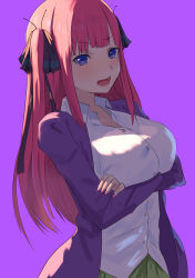 Rule 34 | 1girl, absurdres, black ribbon, blue eyes, breasts, collared shirt, crossed arms, dress shirt, go-toubun no hanayome, green skirt, hair ribbon, highres, jacket, large breasts, long hair, long sleeves, looking at viewer, misaki nonaka, nail polish, nakano nino, open clothes, open jacket, open mouth, pleated skirt, purple background, purple jacket, red hair, ribbon, school uniform, shirt, simple background, skirt, solo, two side up, upper body, very long hair, white shirt