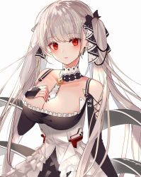 Rule 34 | 1girl, azur lane, blush, breasts, bridal gauntlets, chiemo (xcem), cleavage, collar, collarbone, commentary request, dress, feet out of frame, formidable (azur lane), frills, hair ribbon, hand on own chest, highres, large breasts, long hair, nail polish, parted lips, platinum blonde hair, red eyes, ribbon, solo, twintails, two-tone ribbon, very long hair, white background