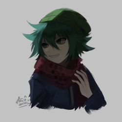 Rule 34 | artist logo, artist name, blue jacket, commentary, cropped torso, green hair, green hat, grey background, grin, hair between eyes, hand up, hat, hiyori sou, jacket, kimi ga shine, looking to the side, pastahands, red scarf, scarf, simple background, smile, solo, upper body