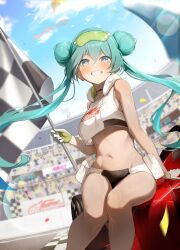 1girl absurdres alternate_costume aqua_hair bare_arms bare_shoulders black_choker blue_eyes breasts checkered_flag choker crop_top crop_top_overhang dampi day double_bun flag floating_hair gloves goggles goggles_on_head goodsmile_racing grin hair_bun hatsune_miku highres long_hair looking_at_viewer medium_breasts micro_shorts midriff navel outdoors race_queen racing_miku racing_miku_(2022) racing_miku_(2022_tropical_ver.) revision shirt shorts sitting sleeveless sleeveless_shirt smile solo stomach thighs twintails two-tone_shorts very_long_hair vocaloid white_shirt