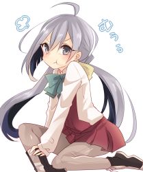 Rule 34 | 10s, 1girl, :t, adjusting clothes, adjusting shoe, ahoge, blush, bow, bowtie, grey eyes, grey hair, hair ribbon, highres, image sample, kantai collection, kiyoshimo (kancolle), long hair, long sleeves, looking at viewer, low twintails, orqz, pantyhose, pout, ribbon, solo, twintails, very long hair