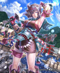 Rule 34 | 1girl, arm up, armor, armpits, blue eyes, blue sky, boat, boots, breasts, brown hair, cleavage, closed mouth, cowboy shot, day, earrings, gloves, headgear, highres, holding, holding sword, holding weapon, japanese armor, japanese clothes, jewelry, kaburagi yasutaka, knee boots, large breasts, light smile, looking away, ocean, official art, outdoors, purple gloves, sengoku saga, short hair, sky, solo, sword, watercraft, weapon
