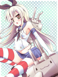 Rule 34 | 10s, 1girl, armpits, brown eyes, elbow gloves, gloves, hairband, highres, kantai collection, looking at viewer, machinery, navel, pleated skirt, rensouhou-chan, school uniform, serafuku, shimakaze (kancolle), silver hair, sitting, skirt, striped clothes, striped thighhighs, thighhighs, turret, yube (skyhacker), zettai ryouiki