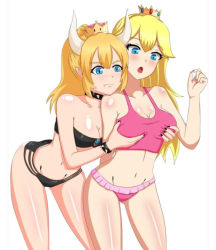 Rule 34 | 2girls, :o, adapted costume, alternate costume, artist request, bare arms, bare legs, bare shoulders, bikini, bikini bottom only, black bikini, black nails, blonde hair, blue eyes, blue gemstone, blush, bowsette, bracelet, breasts, cleavage, closed mouth, collar, collarbone, crown, fang, fang out, gem, grabbing, grabbing another&#039;s breast, grabbing from behind, hand up, horns, jewelry, leaning, leaning forward, legs, long hair, looking at another, looking at breasts, looking down, mario (series), medium breasts, midriff, monster girl, multiple girls, nail polish, navel, neck, nintendo, open mouth, pink bikini, pink nails, pink shirt, pointy ears, ponytail, princess peach, shiny skin, shirt, smile, spiked bracelet, spiked collar, spikes, standing, strapless, strapless bikini, super crown, super mario bros. 1, swimsuit, tank top, white horns, yuri