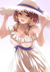 Rule 34 | 1girl, :d, bare shoulders, blush, breasts, brown eyes, brown hair, cleavage, commentary request, covered erect nipples, dress, female pubic hair, hair ribbon, hands up, hat, hat ribbon, highres, hojo karen, idolmaster, idolmaster cinderella girls, large breasts, looking at viewer, low twintails, mk (mod0), navel, nipples, no panties, open mouth, pubic hair, purple ribbon, ribbon, see-through, see-through dress, shadow, short twintails, smile, solo, strapless, strapless dress, sun hat, tress ribbon, twintails, white dress, white hat