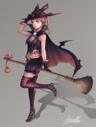 Rule 34 | 1girl, animal hat, bad id, bad pixiv id, breasts, broom, cape, female focus, full body, gloves, gradient background, green eyes, hat, high heels, lapucelle (arasoo1210), open shoes, original, pink hair, sandals, shoes, short hair, solo, striped clothes, striped thighhighs, thighhighs, witch hat