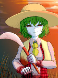 Rule 34 | 1girl, bad id, bad pixiv id, black hair, blood, blood on clothes, blood stain, cloud, creepy, dress, dusk, green hair, hat, highres, holding, holding own hair, horror (theme), kazami yuuka, looking at viewer, neckerchief, okahi, pale skin, plant, raised eyebrows, red dress, red eyes, shirt, short hair, sickle, siren (series), sky, smile, smudge, solo, sun hat, touhou, vest