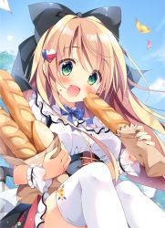 Rule 34 | 1girl, :d, bag, baguette, black bow, black skirt, blonde hair, blue bow, blue sky, blush, bow, bread, breasts, cloud, commentary request, day, dress shirt, falling leaves, fingernails, food, food on face, frilled skirt, frills, green eyes, hair bow, holding, holding food, leaf, long hair, looking at viewer, medium breasts, nail polish, open mouth, original, outdoors, pan (mimi), paper bag, pink nails, shirt, sitting, skirt, sky, smile, solo, thighhighs, very long hair, white shirt, white thighhighs, wrist cuffs