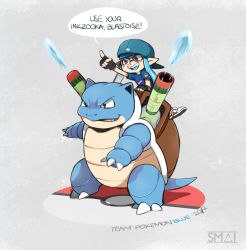 Rule 34 | 1girl, backwards hat, baseball cap, black gloves, blastoise, blue hair, blue headwear, claws, commentary, creature, creatures (company), crossover, english commentary, english text, fingerless gloves, game freak, gen 1 pokemon, gloves, grey background, hat, highres, inkling, inkling girl, inkling player character, long hair, nintendo, pointing, pokemon, pokemon (creature), purple eyes, sami briggs, shell, simple background, speech bubble, splatoon (series), water
