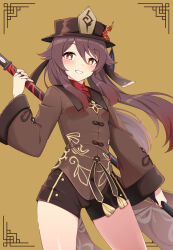 Rule 34 | 1girl, black nails, breasts, brown eyes, commentary request, fingernails, flower-shaped pupils, genshin impact, grin, hair between eyes, hat, highres, holding, holding staff, hu tao (genshin impact), jewelry, light brown background, long hair, looking at viewer, motsutoko, multicolored hair, multiple rings, porkpie hat, ring, short shorts, shorts, small breasts, smile, solo, staff, staff of homa (genshin impact), standing, symbol-shaped pupils, teeth, two-tone hair, wide sleeves