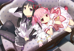 Rule 34 | 10s, 2girls, akemi homura, black hair, checkered floor, couch, floor, gloves, hand in own hair, hands together, kaname madoka, kyubey, leg up, light smile, long hair, looking at viewer, lying, mahou shoujo madoka magica, mahou shoujo madoka magica (anime), multiple girls, on back, on side, pantyhose, pink hair, short hair, short sleeves, sitting, twintails, uni (plastic girl)